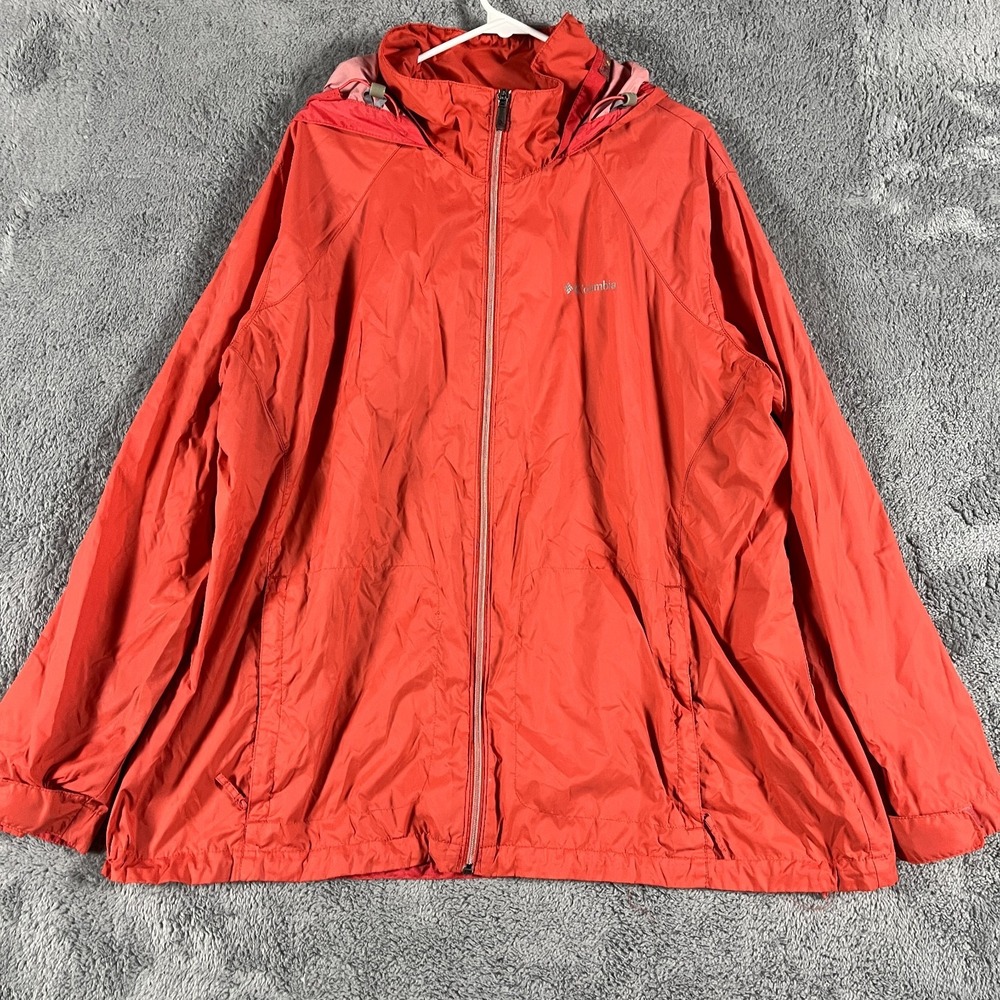 Columbia Hooded Rain Jacket Womens 3X Red Lined Lightweight Windbreaker Full Zip